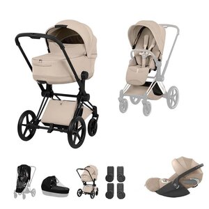 Cybex Priam Style Fold Cot 3in1 Travel System Bundle, Cozy Beige, Matt Black - Cybex